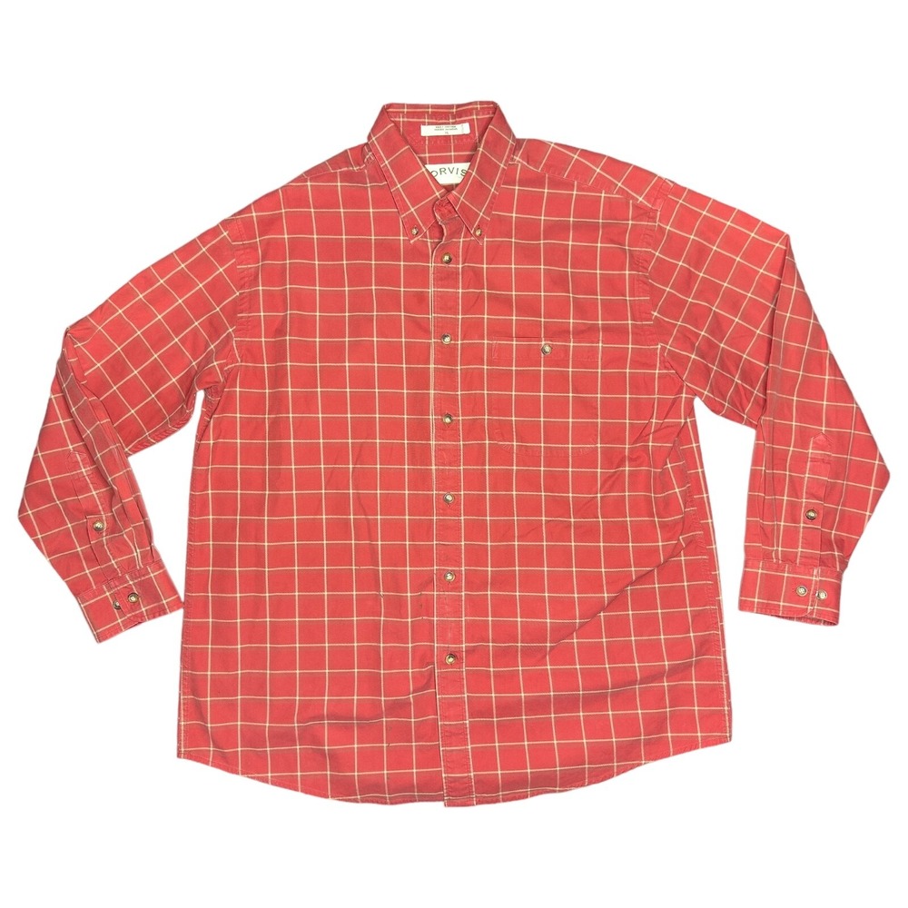 Orvis Men's XL Red Plaid Cotton Button Down Long Sleeve Shirt FLAW *READ*